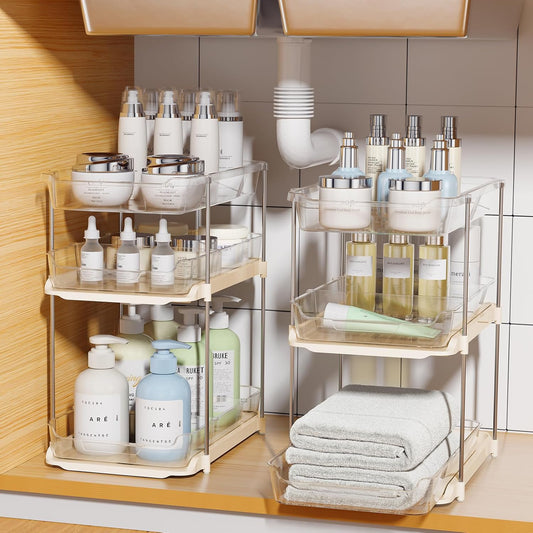 2 Sets of 3-Tier Bathroom under Sink Organizers and Storage, Multi-Purpose Stackable Pantry Organization and Storage, Beige