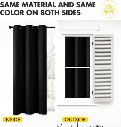 Black Blackout Curtains for Bedroom Living Room 63 Inches Long 2 Panels, Thermal Insulated Room Darkening Drapes Solid Grommet Top Noise Reduction Light Blocking Halloween Window Treatments