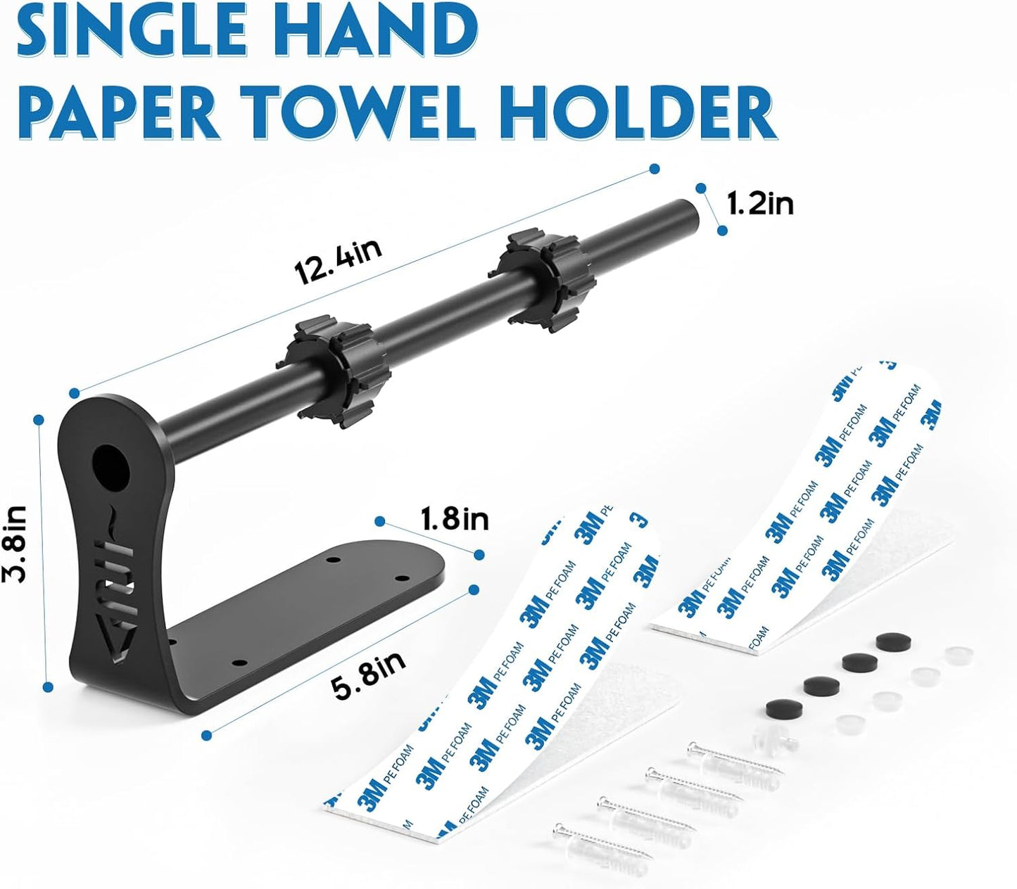 Black One-Hand Paper Towel Holder, Self-Adhesive or Screw-In, Stainless Steel, under Cabinet or Wall Mount, Space Saving, One-Hand Tear, Mute Design