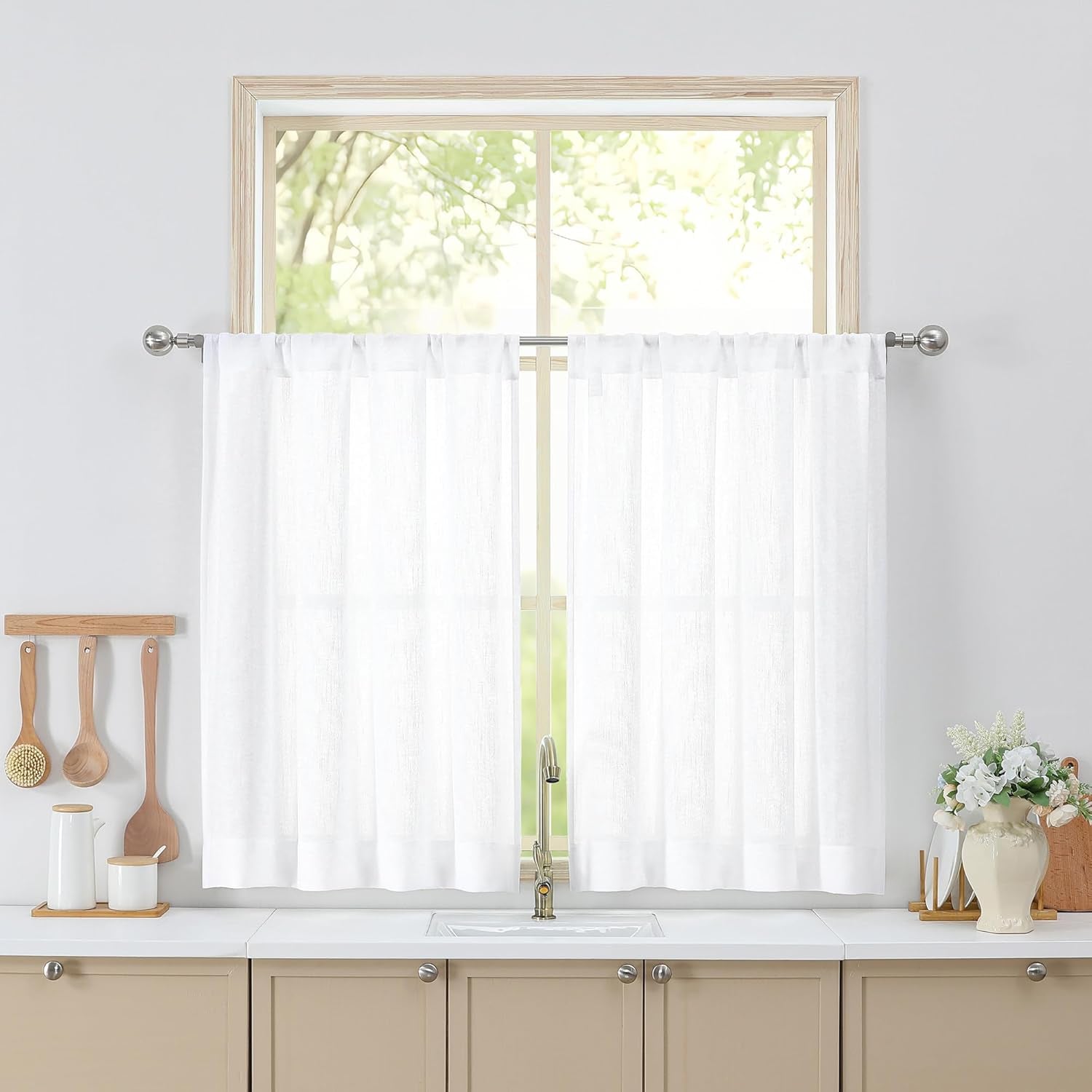 White Short Faux Linen Textured Cafe Kitchen Curtains 36 Inch Length 2 Panels, over Sink Semi Sheer Farmhouse Light Filtering Panels Rod Pocket Drapes for Bathroom Window, 40 X 36 Inch
