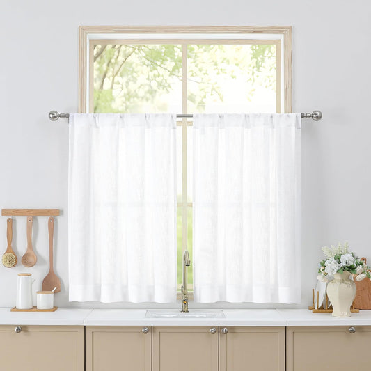 White Short Faux Linen Textured Cafe Kitchen Curtains 36 Inch Length 2 Panels, over Sink Semi Sheer Farmhouse Light Filtering Panels Rod Pocket Drapes for Bathroom Window, 40 X 36 Inch