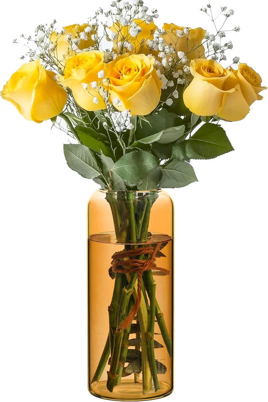 Glass Flower Vase, 8 Inch Tall Bud Vases, Home Decor Vases for Centerpiece for Living Room and Bedroom, Decorative Vases for Wedding, Valentines' Day, Mother'S Day (Amber)