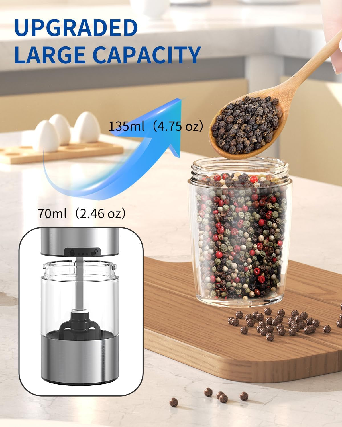 Gravity Electric Pepper Grinder Salt Grinder Pepper Griner Mill Electric with LED Light, Battery Operated, Adjustable Coarseness, Washable 135Ml Container, 1 Pcs