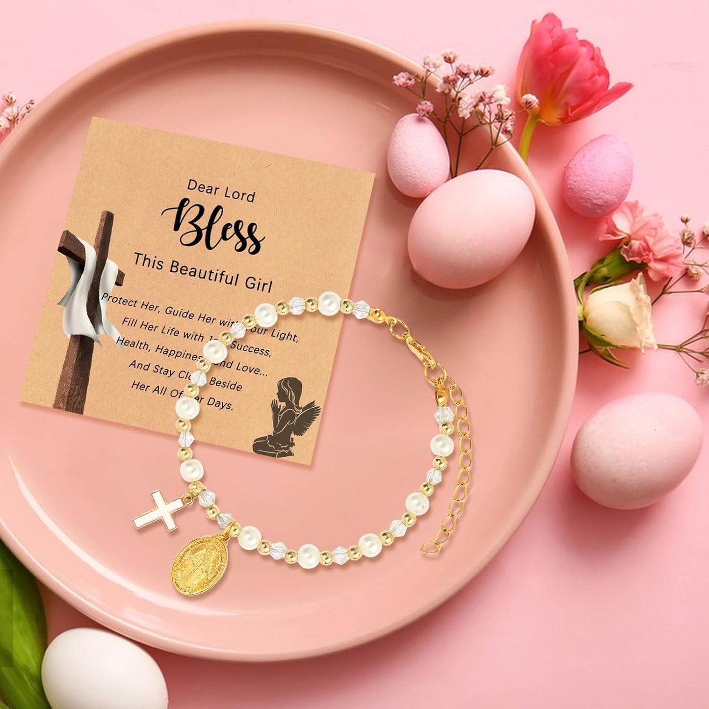 Christmas Gifts Pearl Cross Bracelet for Girls - First Communion, Baptism, Easter, Little Girl Gifts for Daughter Granddaughter Godchild-Gold Adjustable with Blessing Card Cross Bracelet