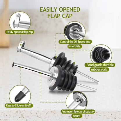 Glass Olive Oil Dispenser Bottle Set - 500Ml Dark Green Oil & Vinegar Cruet Bottle with Pourers, Funnel and Labels - Olive Oil Carafe Decanter for Kitchen, 17 Oz (Pack of 2)