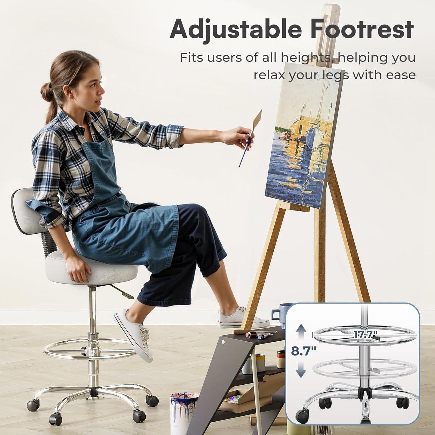 Adjustable Drafting Chair with Back Support and Foot Rest, Versatile Rolling Stool for Office, Home Bar, Kitchen, and Shop - White