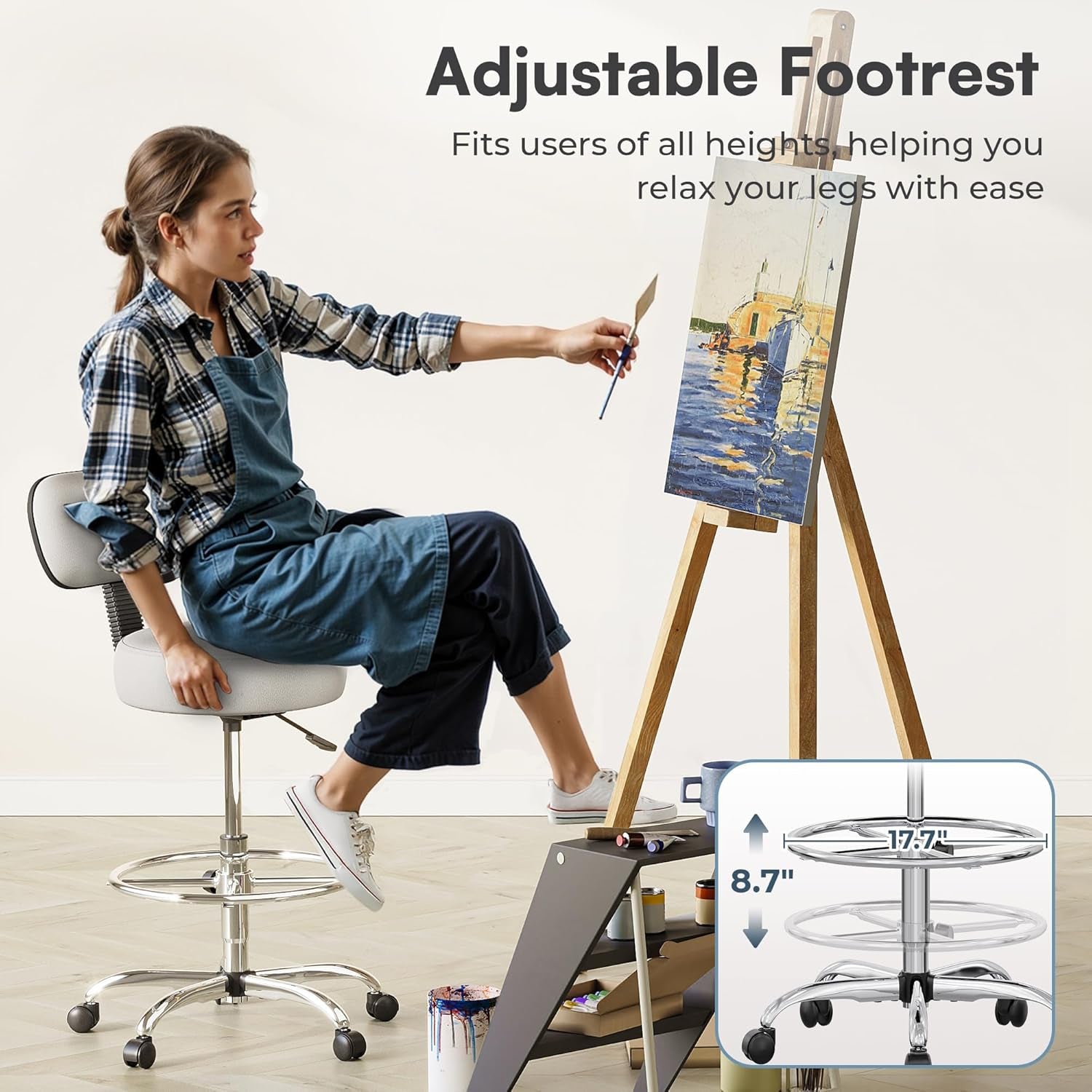 Adjustable Drafting Chair with Back Support and Foot Rest, Versatile Rolling Stool for Office, Home Bar, Kitchen, and Shop - White