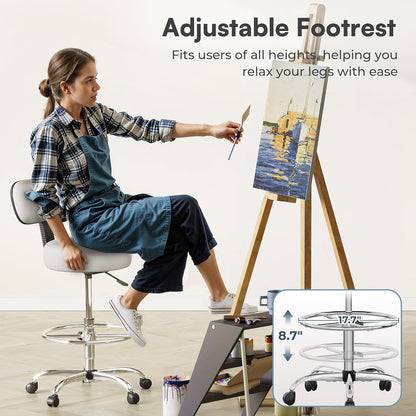 Adjustable Drafting Chair with Back Support and Foot Rest, Versatile Rolling Stool for Office, Home Bar, Kitchen, and Shop - White