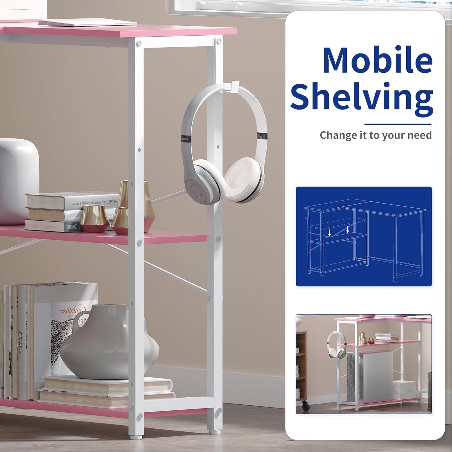 43 Inch L Shaped Computer Desk with Reversible Side Storage Shelves, Small Corner Desk for Small Space Home Office,Writing Study Table PC Desk for Bedroom,Pink with White Leg