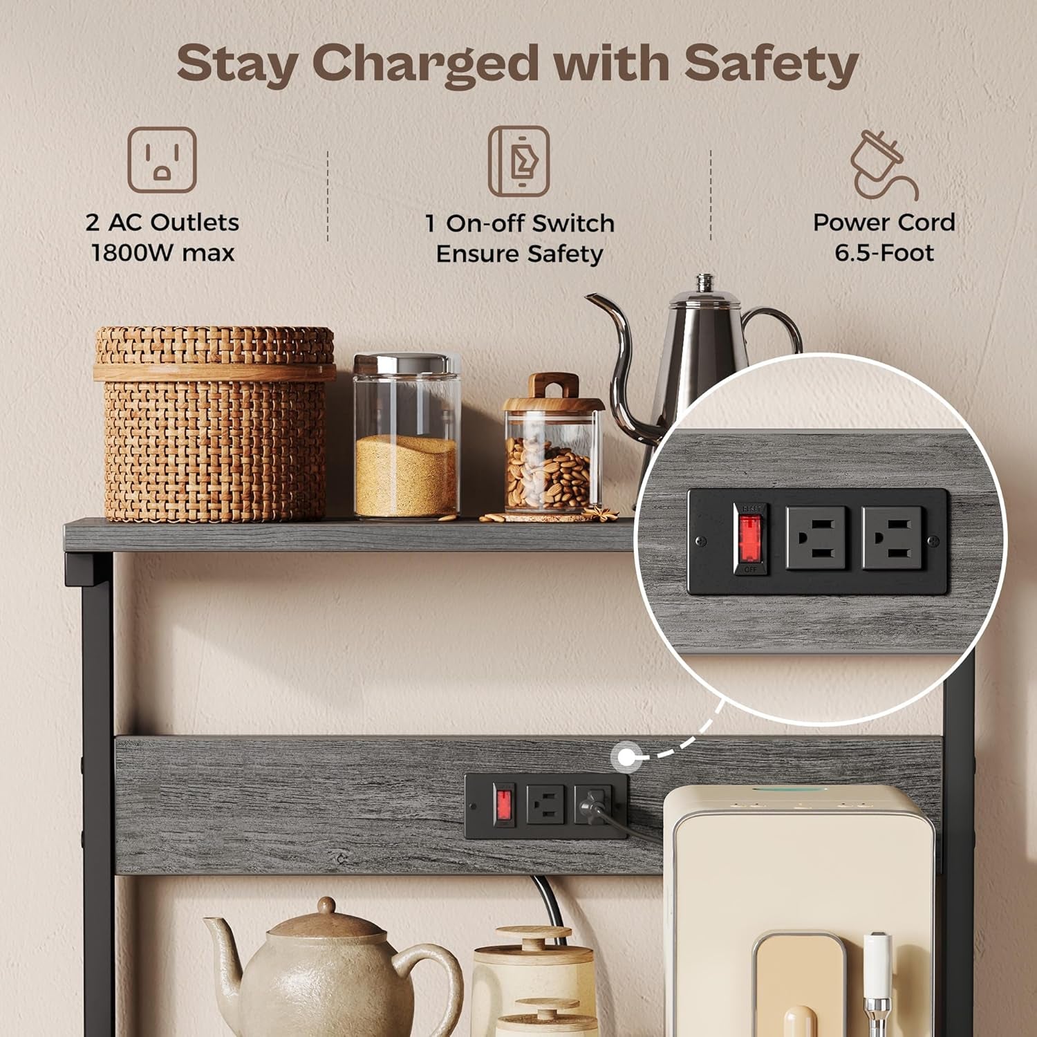 Professional Kitchen Bakers Rack with Power Outlet, 4-Tier Coffee Bar Table, Microwave Stand with 6 S-Shaped Hooks, Storage Shelf for Spices, Pots, and Pans - Charcoal Gray