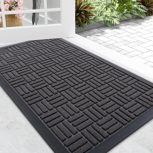 Front Door Mat outside Entrance 29X17, Absorbent, Heavy Duty Sturdy Natural Rubber Doormat Indoor Outdoor, Stain and Fade Resistant, Non-Slip Backing Low Profile Floor Mat for Entryway, Gray