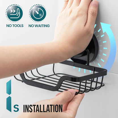 Soap Holder Bar Dish Suction Cup, Bar Shampoo Rack for Shower Wall, Draining Soap Saver Tray for Bathroom, Rustproof Stainless Steel Sponge Holder for Tub, Kitchen, Drill-Free, Black