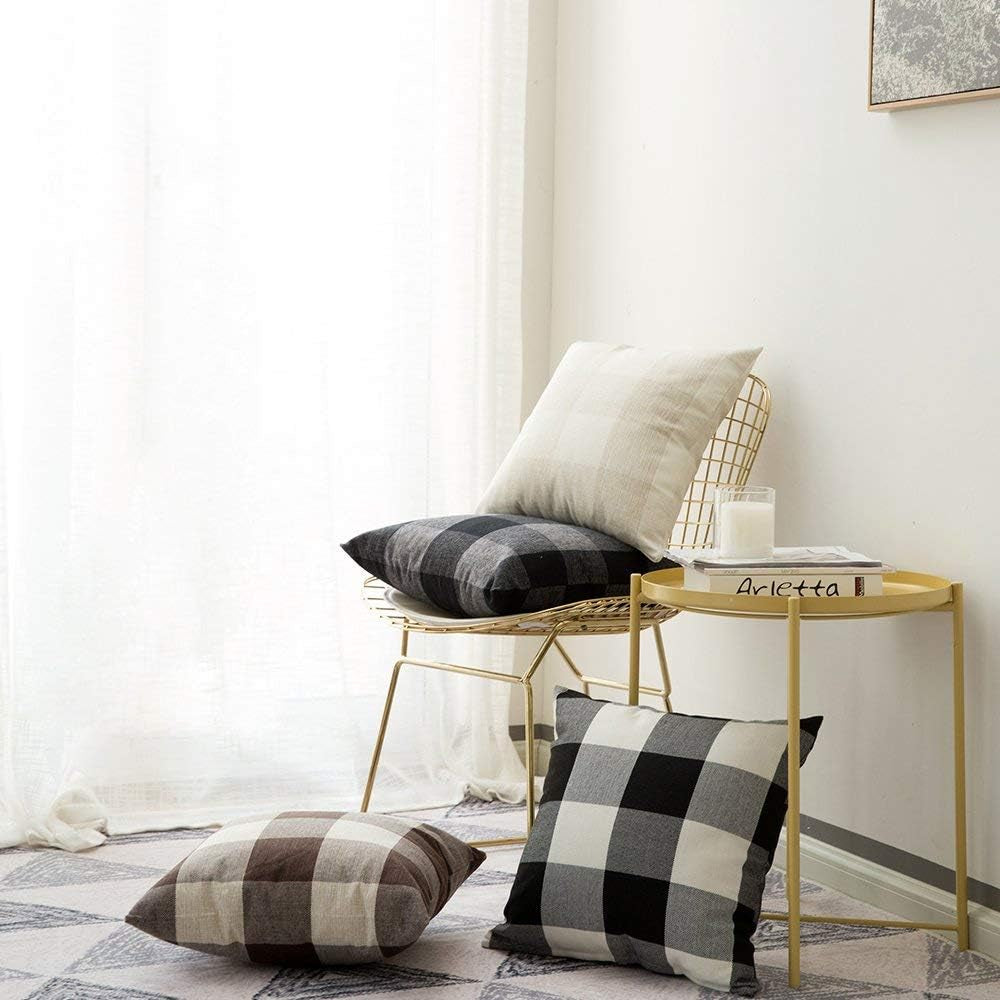 Halloween Pack of 2 Farmhouse Buffalo Check Plaids Linen Throw Pillow Covers Soft Soild Decorative Home Decor Outdoor Cushion Case for Sofa Bedroom 18 X 18 Inch, Black and White