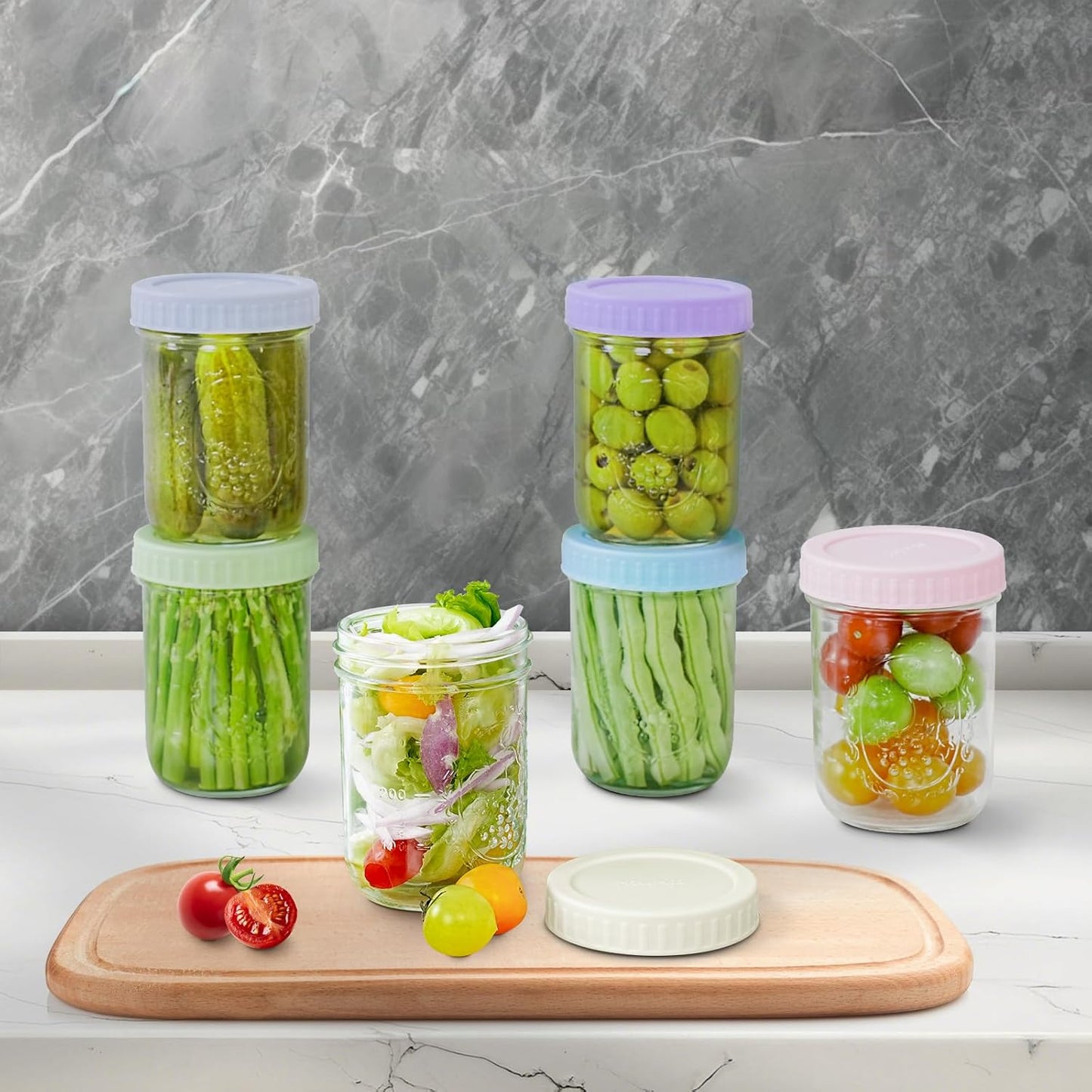 Overnight Oats Containers with Lids, 6-Pack Glass Mason Jars 16 Oz with Lids Wide Mouth, Reusable Food Storage Containers for Snack, Chia Pudding, Yogurt, Meal Prep, Salad