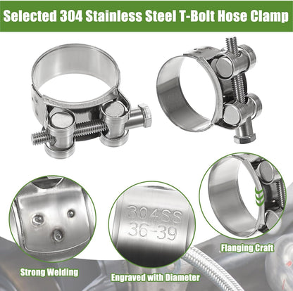 14-Piece Stainless Steel T-Bolt Hose Clamp Set, 7 Size Variations for Turbo Intake, Heavy-Duty Intercooler Pipe and Radiator Hose Applications (17-39mm)