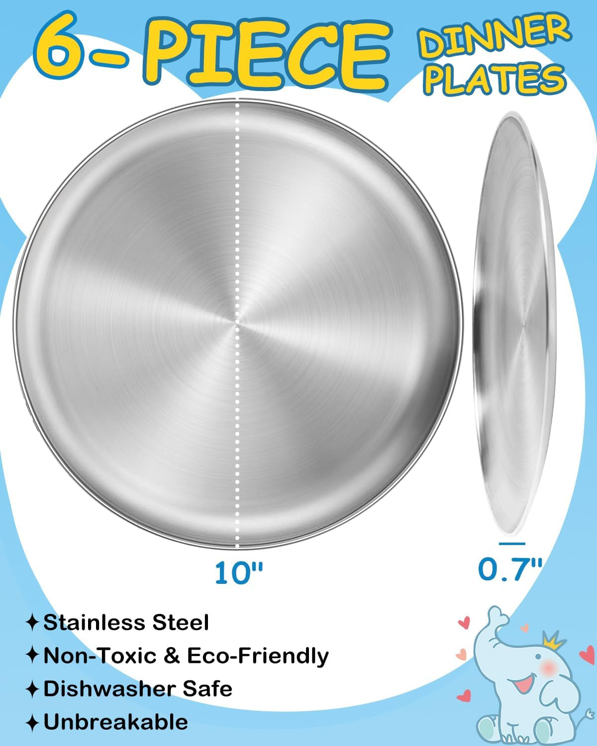 10-Inch Stainless Steel Plates Set, Non-Toxic Unbreakable Metal Dishes Plates for Kids Toddlers, Lightweight Camping Food Tray, Dishwasher & Oven Safe (Silver - Flat, 10" round - 6 Packs)