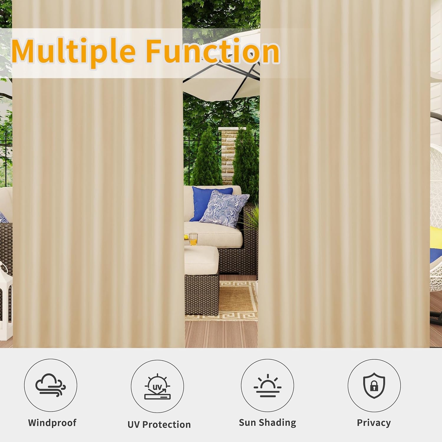 Outdoor Patio Curtains Detachable Tab Top Windproof Weatherproof Curtain for Cabana, Porch, Pergola and Gazebo, Tab Bottom Drape, 2 Panels, 54W X 84L Inch, Beige