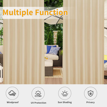 Outdoor Patio Curtains Detachable Tab Top Windproof Weatherproof Curtain for Cabana, Porch, Pergola and Gazebo, Tab Bottom Drape, 2 Panels, 54W X 84L Inch, Beige