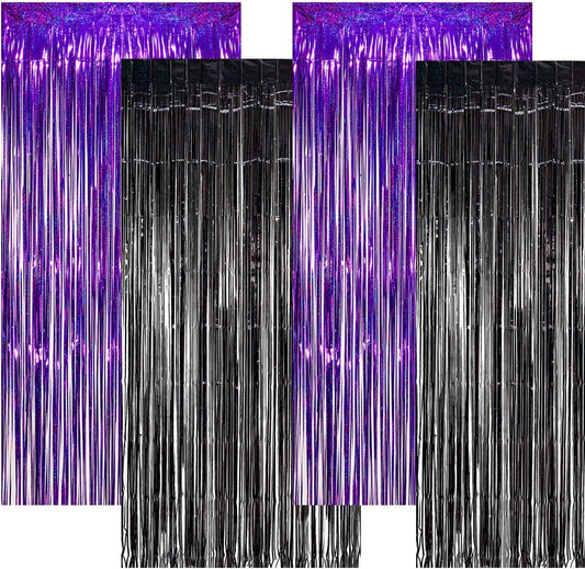 Purple and Black Tinsel Foil Fringe Curtain 3.2Ft X 8.2Ft X 4 Packs for Black Party Supplies Backdrop