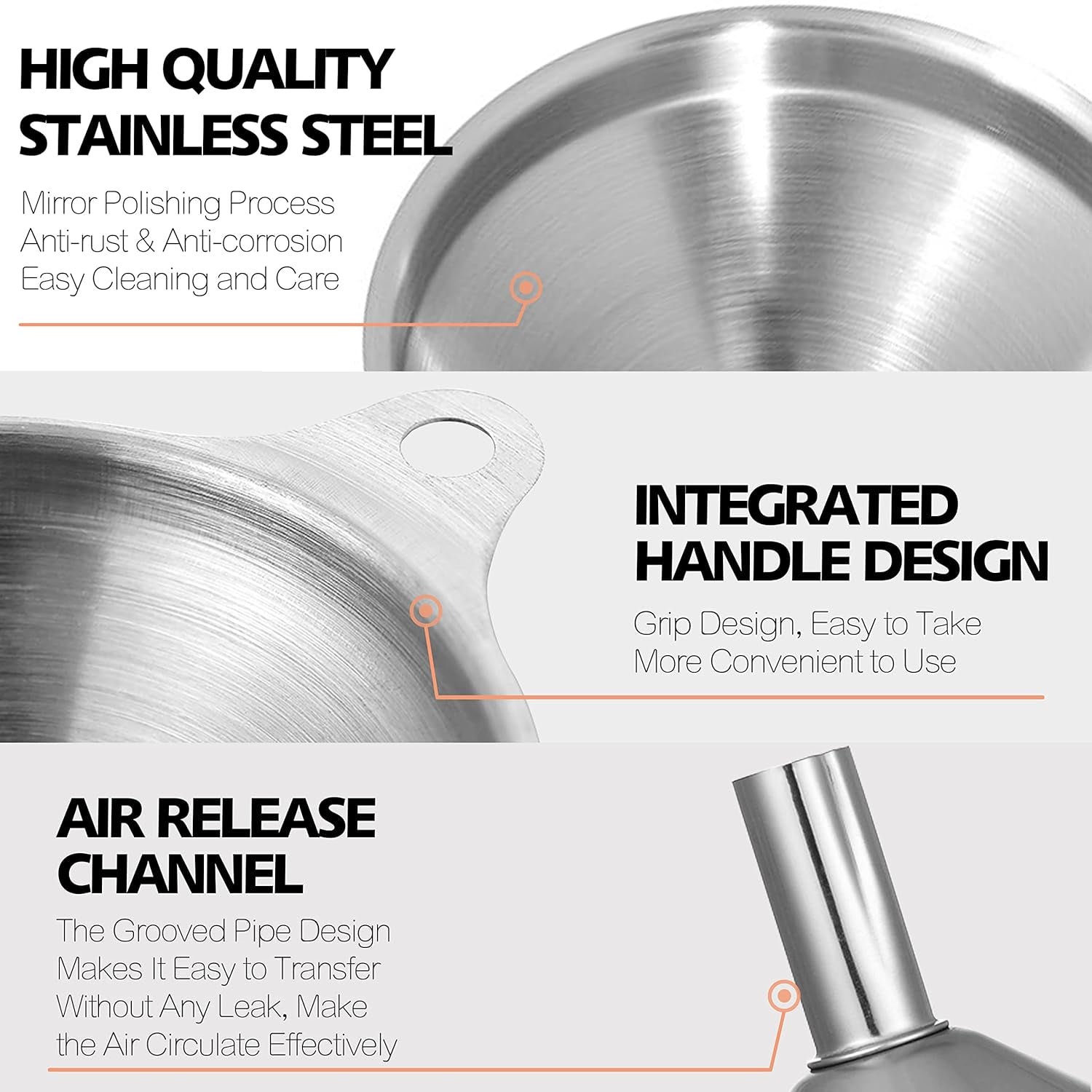 Stainless Steel Mini Kitchen Funnel Set, 3 Pack Durable Metal Filling Funnels for Transferring Liquid, Dry Ingredients, Cosmetic Lotion, Fluid, Spices, Powder - Food-Grade & High Heat Resistant