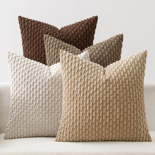 Throw Pillow Covers Soft Couch Decorative Set of 4 Boho Striped Cushion Covers Corduroy Pillowcases Farmhouse Accent Home Decor for Fall Couch Bed Sofa Living Room 18X18 Inch Brown