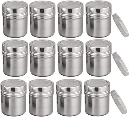 Powder Shaker with Lid,Stainless Steel Fine Mesh Shaker, for Sifter Cocoa,Cinnamon Powder,Icing Sugar,Chocolate Coffee (Small-12Pcs)