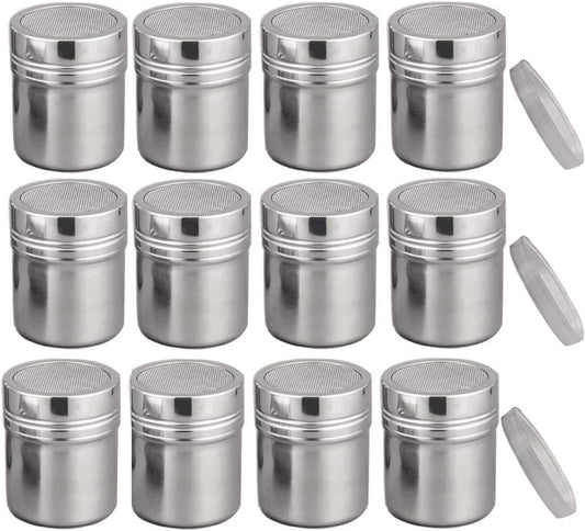 Powder Shaker with Lid,Stainless Steel Fine Mesh Shaker, for Sifter Cocoa,Cinnamon Powder,Icing Sugar,Chocolate Coffee (Small-12Pcs)