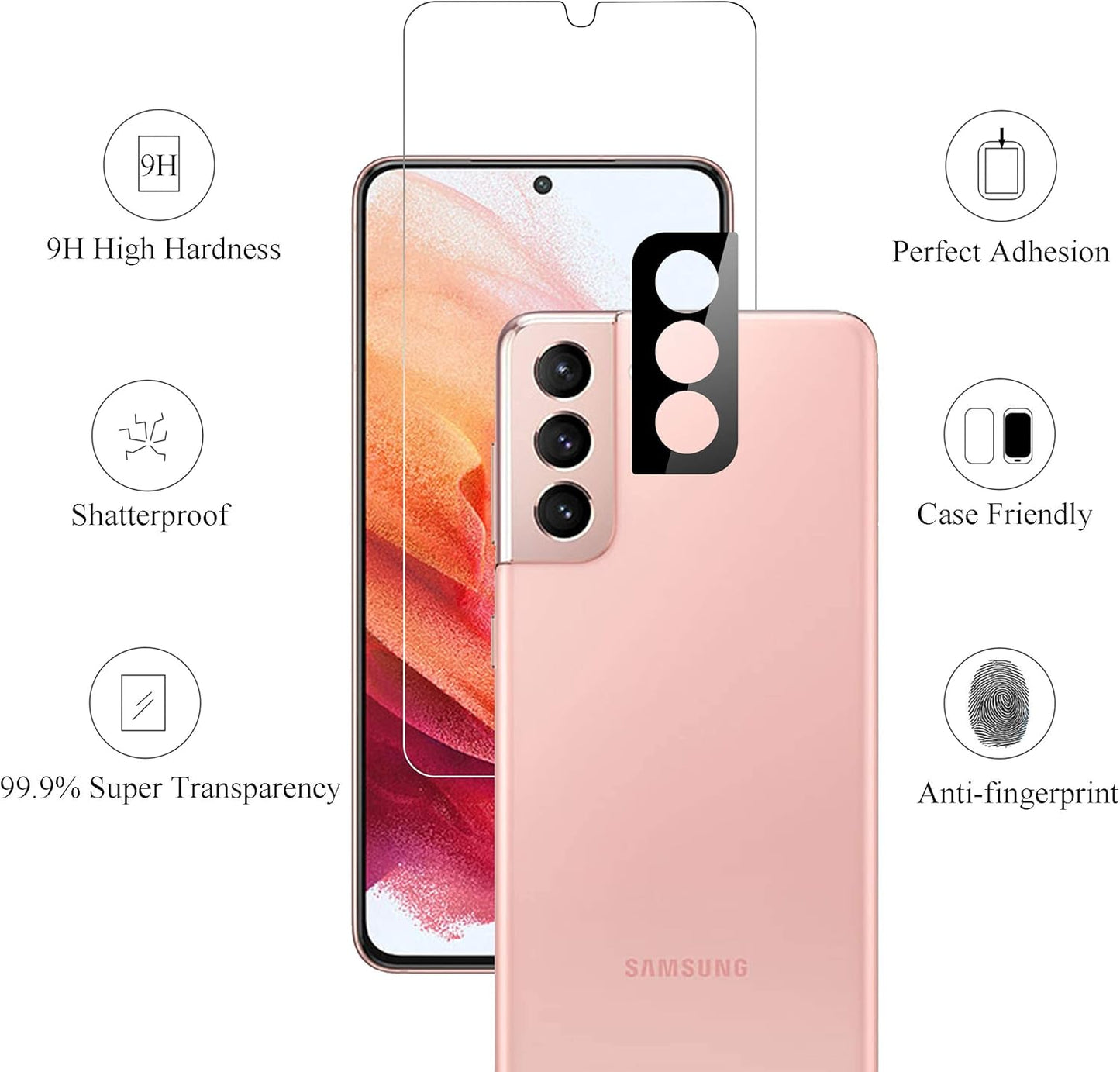 Screen Protector for Galaxy S21 5G [6.2 Inch] 2Pack + 2Pack Camera Lens Tempered Glass Fingerprint Unlock Compatible 0.33Mm Clear Anti-Scratch Case Friendly [Not for Galaxy S21 Plus]