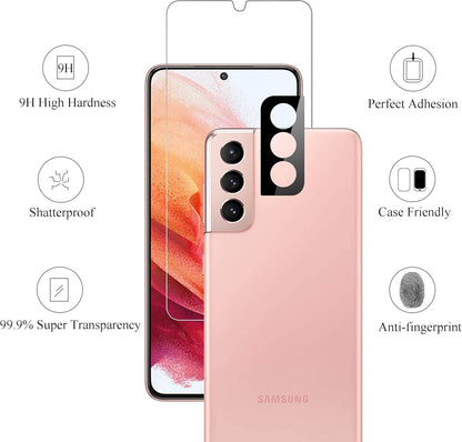 Screen Protector for Galaxy S21 5G [6.2 Inch] 2Pack + 2Pack Camera Lens Tempered Glass Fingerprint Unlock Compatible 0.33Mm Clear Anti-Scratch Case Friendly [Not for Galaxy S21 Plus]