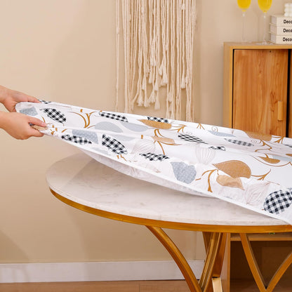 Round Vinyl Fitted Tablecloth with Flannel Backing Elastic Edge Design Table Cover Waterproof Oil-Proof PVC Table Cloth Stain-Resistant Best for 32"-36" Round