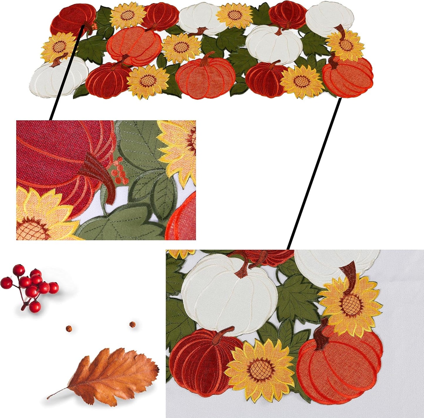Thanksgiving Table Runner 36 Inches Long, Small Short Fall Table Runner, Boho Farmhouse Embroidered Table Centerpieces with Pumpkins and Sunflowers, Fall Decor for Home , 13 Inch X 36 Inch
