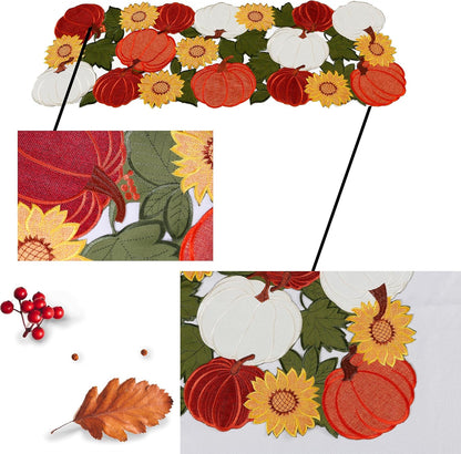 Thanksgiving Table Runner 36 Inches Long, Small Short Fall Table Runner, Boho Farmhouse Embroidered Table Centerpieces with Pumpkins and Sunflowers, Fall Decor for Home , 13 Inch X 36 Inch