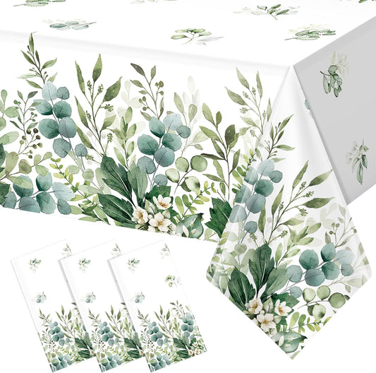 3 Pack Spring Sage Green Baby Shower Plastic Tablecloth, Eucalyptus Leaf Disposable Table Cover, Summer Rectangle Table Cloth for Bridal Baby Shower Birthday Wedding Party Decorations, 54X108 Inch
