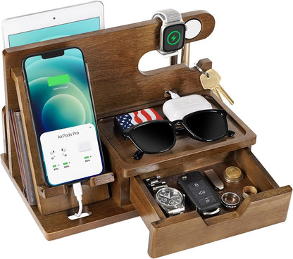 Gifts for Men Him Husband Dad, Wood Phone Docking Station with Drawer, Birthday Anniversary Men Him Husband Boyfriend Gifts from Girlfriend, Mens Nightstand Organizer Presents Ideas