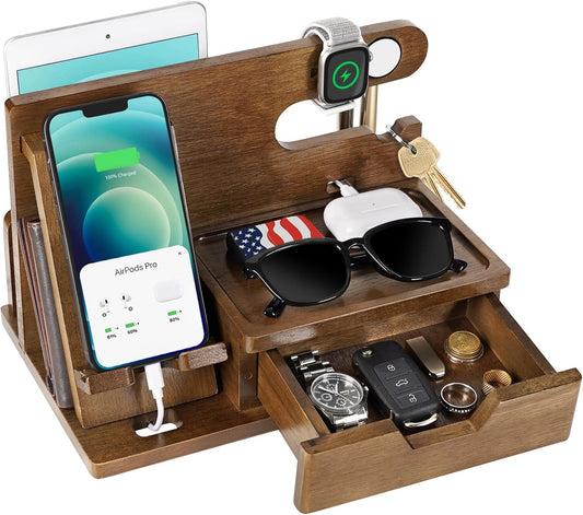 Gifts for Men Him Husband Dad, Wood Phone Docking Station with Drawer, Birthday Anniversary Men Him Husband Boyfriend Gifts from Girlfriend, Mens Nightstand Organizer Presents Ideas