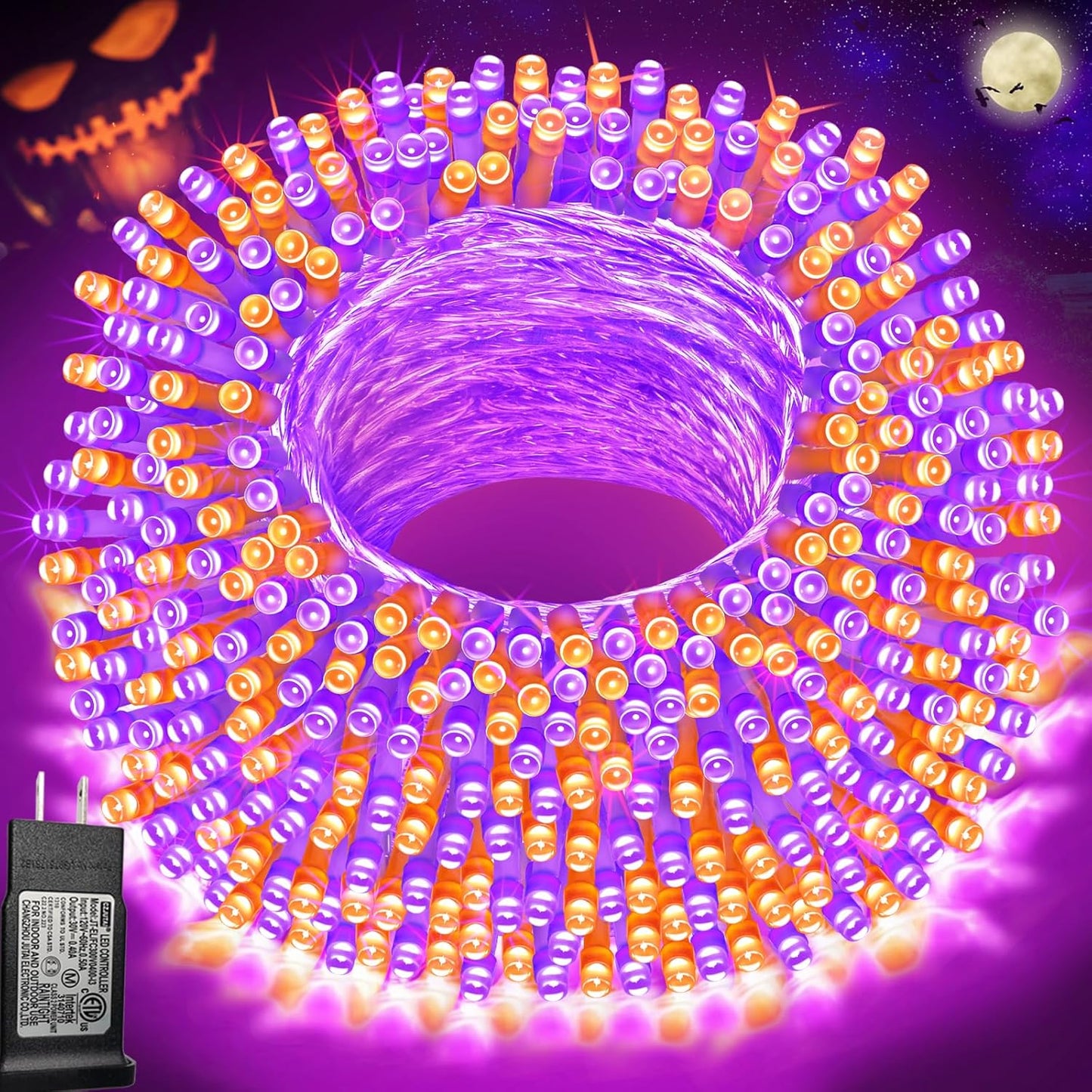 Halloween Lights, 66 Ft 200 LED Indoor Outdoor Halloween String Lights Plug In, Connectable 8 Modes Clear Wire Twinkle Fairy String Lights for Xmas Tree Decoration Clear Wire, Orange and Purple