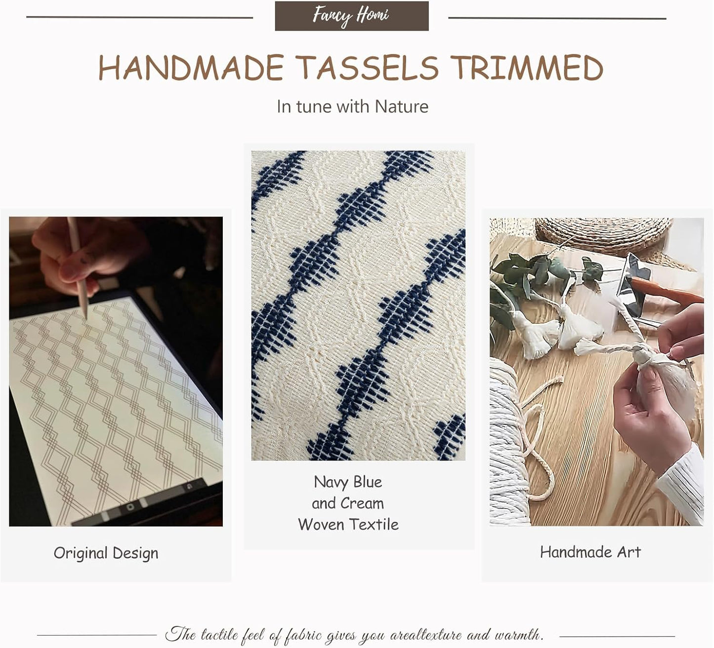 Set of 2 Navy Blue Lumbar Decorative Throw Pillow Covers 12X20 Inch for Couch Bed Sofa Living Room, Aesthetic Organic Farmhouse Home Decor, Cotton Woven Textured Cushion Case with Tassels