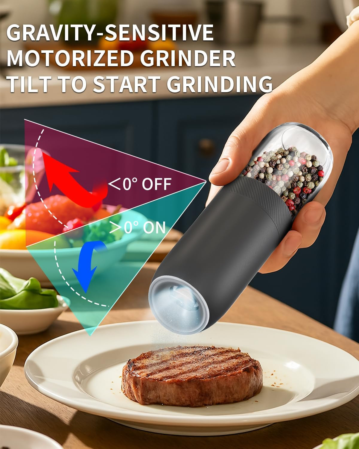 Gravity Electric Salt and Pepper Grinder Set Battery Powered Automatic Pepper Mill Grinders with 176Ml Container, Adjustable Coarseness, Bright LED Light and One Hand Operation, Black