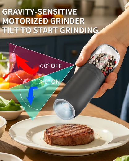 Gravity Electric Salt and Pepper Grinder Set Battery Powered Automatic Pepper Mill Grinders with 176Ml Container, Adjustable Coarseness, Bright LED Light and One Hand Operation, Black