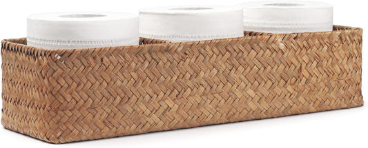 Seagrass Tank Basket for Toilet Paper 3 Sections Woven Storage Basket with Large Compartment Natural (16.5Inch X 5.5Inch X 3.5Inch)