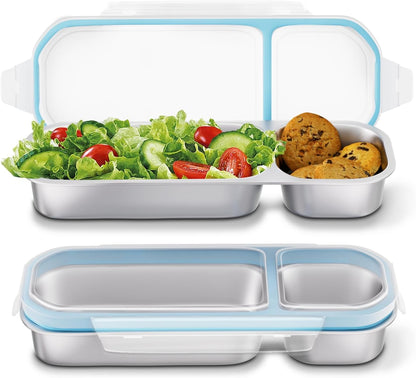 Stainless Steel Snack Containers for Kids Adults, 2 Pack 2 Compartment Metal Snack Containers Box with Lid, Reusable Food Storage Container, Leak Proof, Grab and Go, Blue