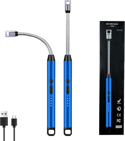 2 PCS Candle Lighter, Electric Lighter Arc Windproof Flameless with 360° Flexible Neck & LED Power Display, Lighters for Candle for BBQ, Grill, Camping, Fireplace, Stove(Blue)