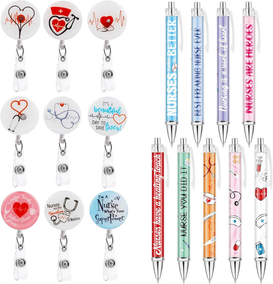 18 PCS Nurse Accessories for Work, Thank You Nurse Badge Reels and Retractable Nurse Pens, Badge Holder with Clip Nurse Ballpoint Pen ID Card Holder for Nurse Appreciation Presents