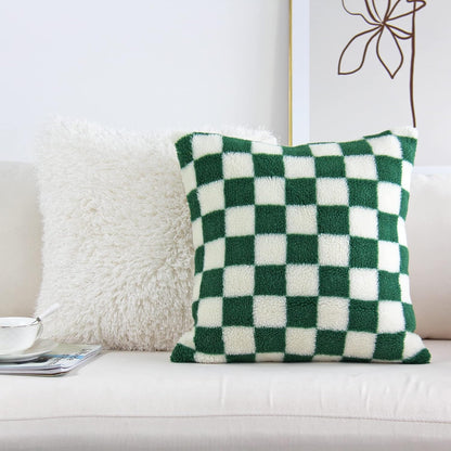 Decorative Throw Pillow Covers Luxury Style Checkerboard Pattern Cushion Case Super Soft Faux Fur Wool Sherpa Pillowcases for Couch Bedroom Pack of 2 (Green, 18 X 18-Inch)