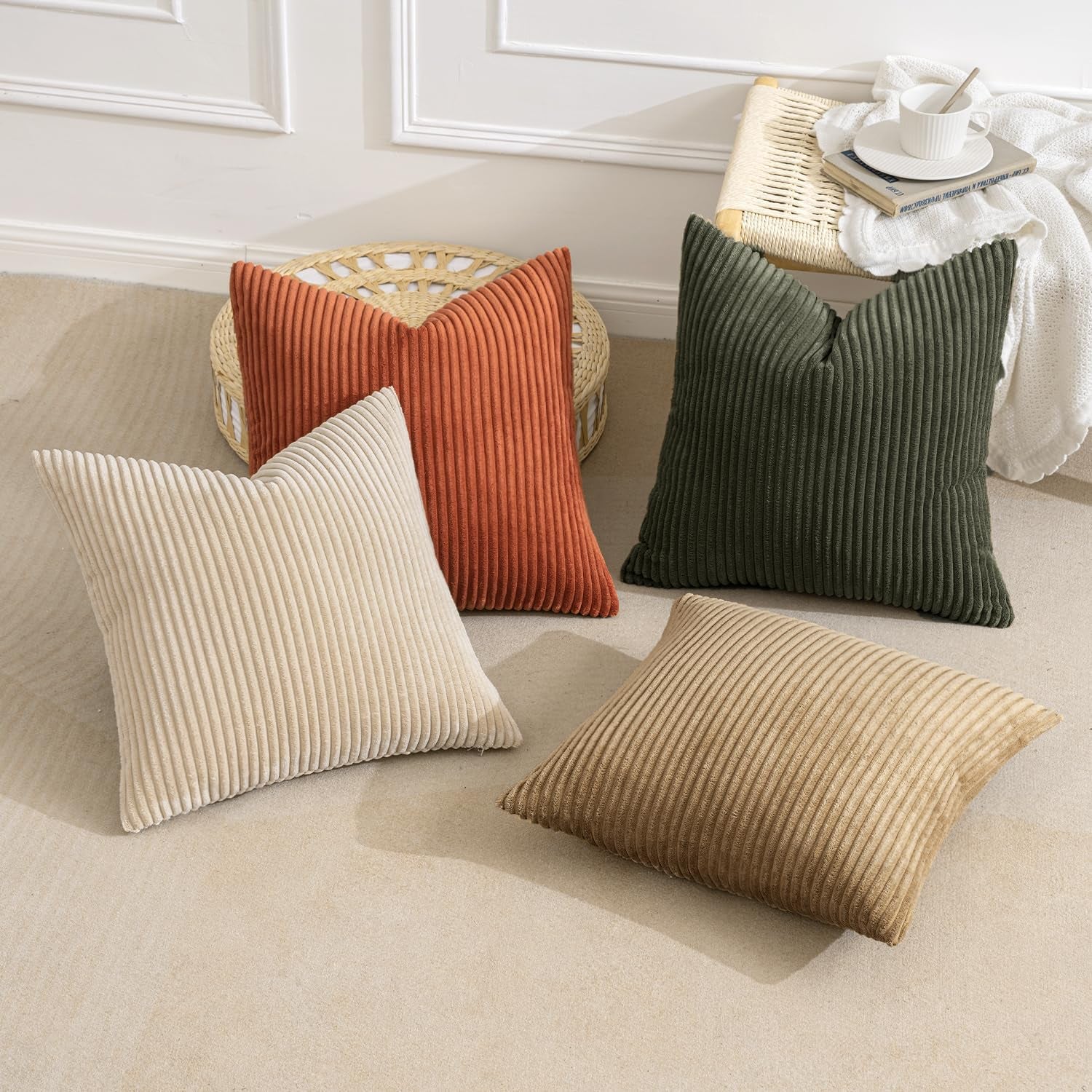 Boho Farmhouse Throw Pillow Covers 18X18 Inch Set of 4 Rustic Modern Neutral Cushion Covers Soft Corduroy Nordic Home Decor for Couch Bed Sofa Living Room Rust-Olive Green