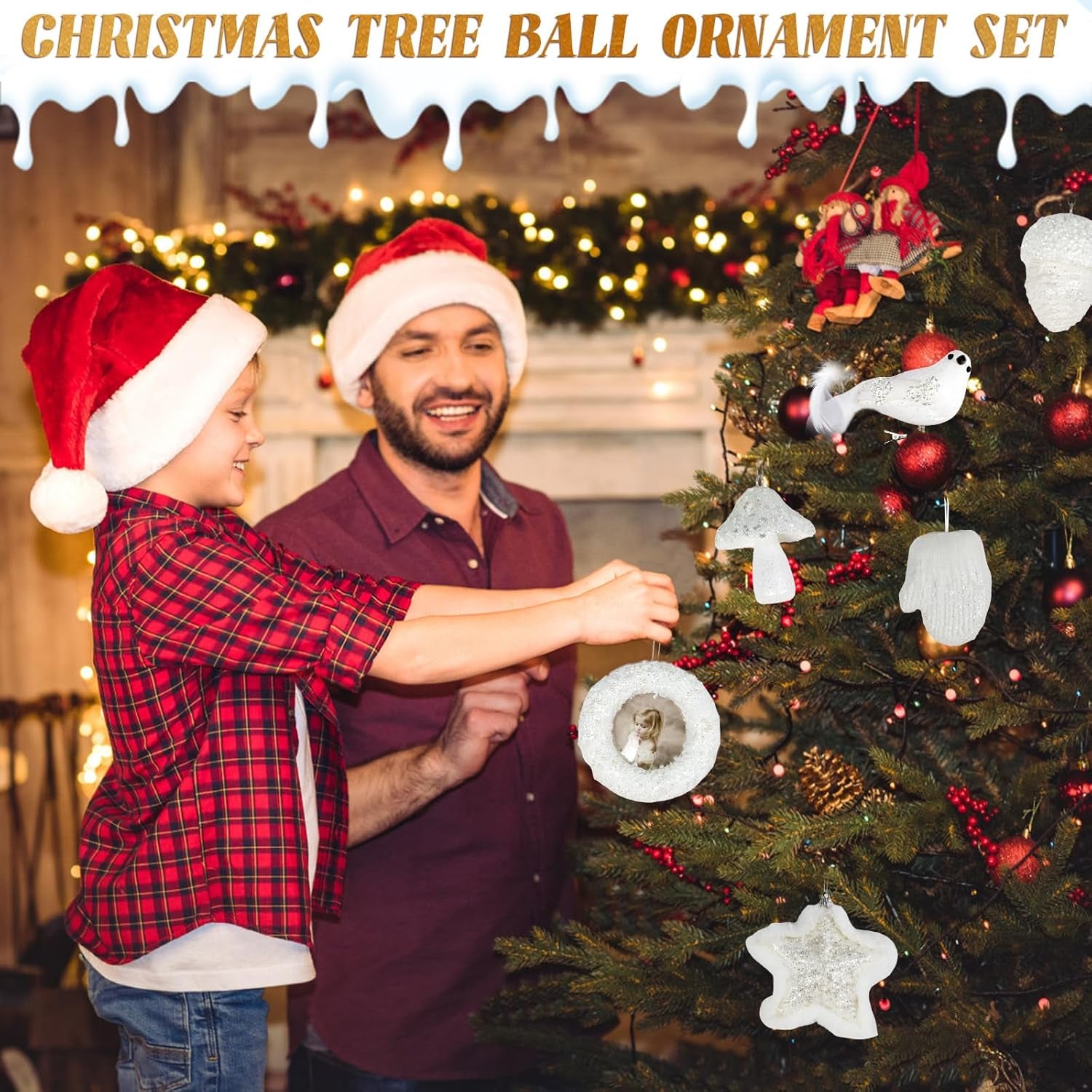 6 Pcs Christmas Tree Balls Ornaments Glitter Ball Xmas Hanging Decorations, Pre-Strung Shatterproof Ornaments White Painted Decorative Baubles for Party Wedding Christmas Decor