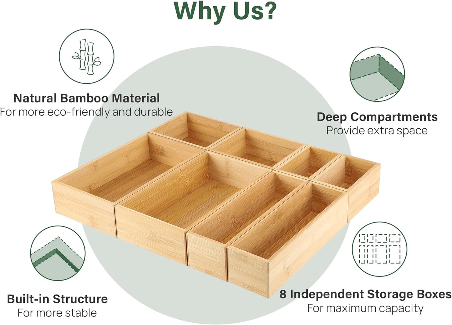 8 Pcs Bamboo Drawer Organizer Utensil Tray Kitchen Storage Box 4-Size Versatile Dividers Cutlery Holders Bins Containers for Flatware Kitchen Utensils