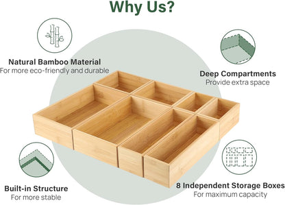 8 Pcs Bamboo Drawer Organizer Utensil Tray Kitchen Storage Box 4-Size Versatile Dividers Cutlery Holders Bins Containers for Flatware Kitchen Utensils