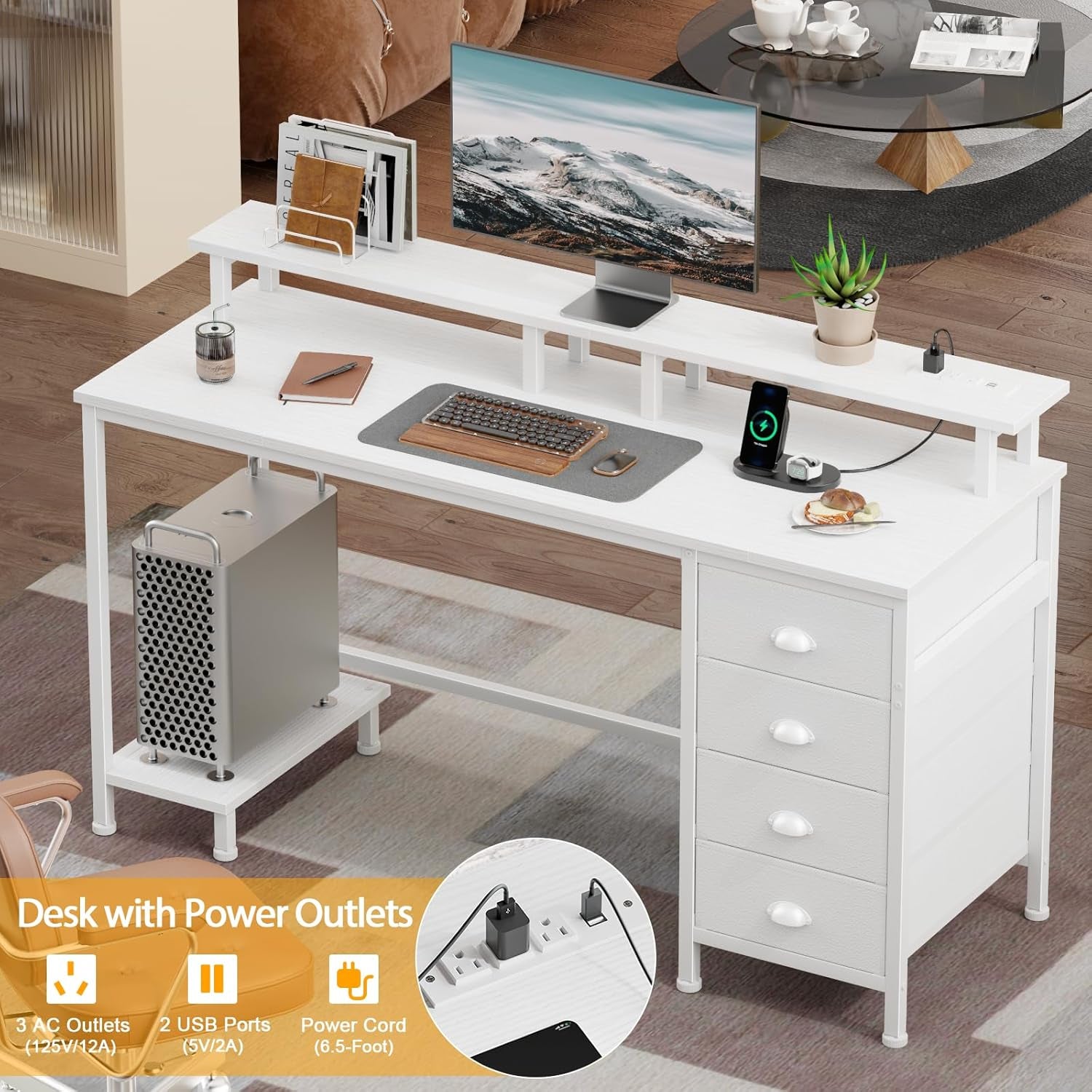 47" White Computer Desk with 4 Fabric Drawers & Monitor Stand, Gaming Desk with Power Outlets - LED Lights, Home Office Space-Saving Study Table for Bedroom Small Spaces