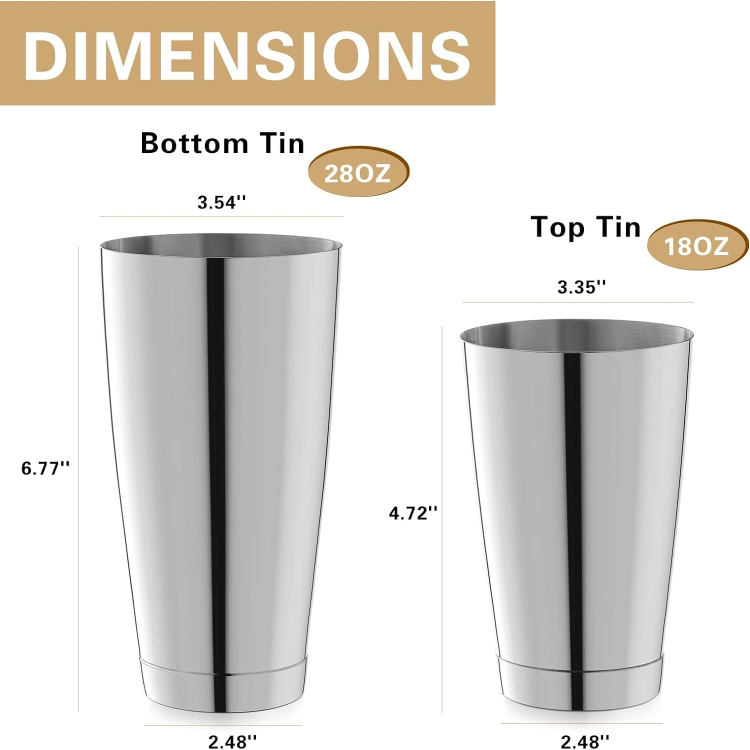 Boston Cocktail Shaker Set, 18 Oz & 28 Oz Stainless Steel Weighted Shaker Tins, Metal Martini Shaker Drink Mixer for Bartending, Professional Bar Tools for Bartender （Sliver）